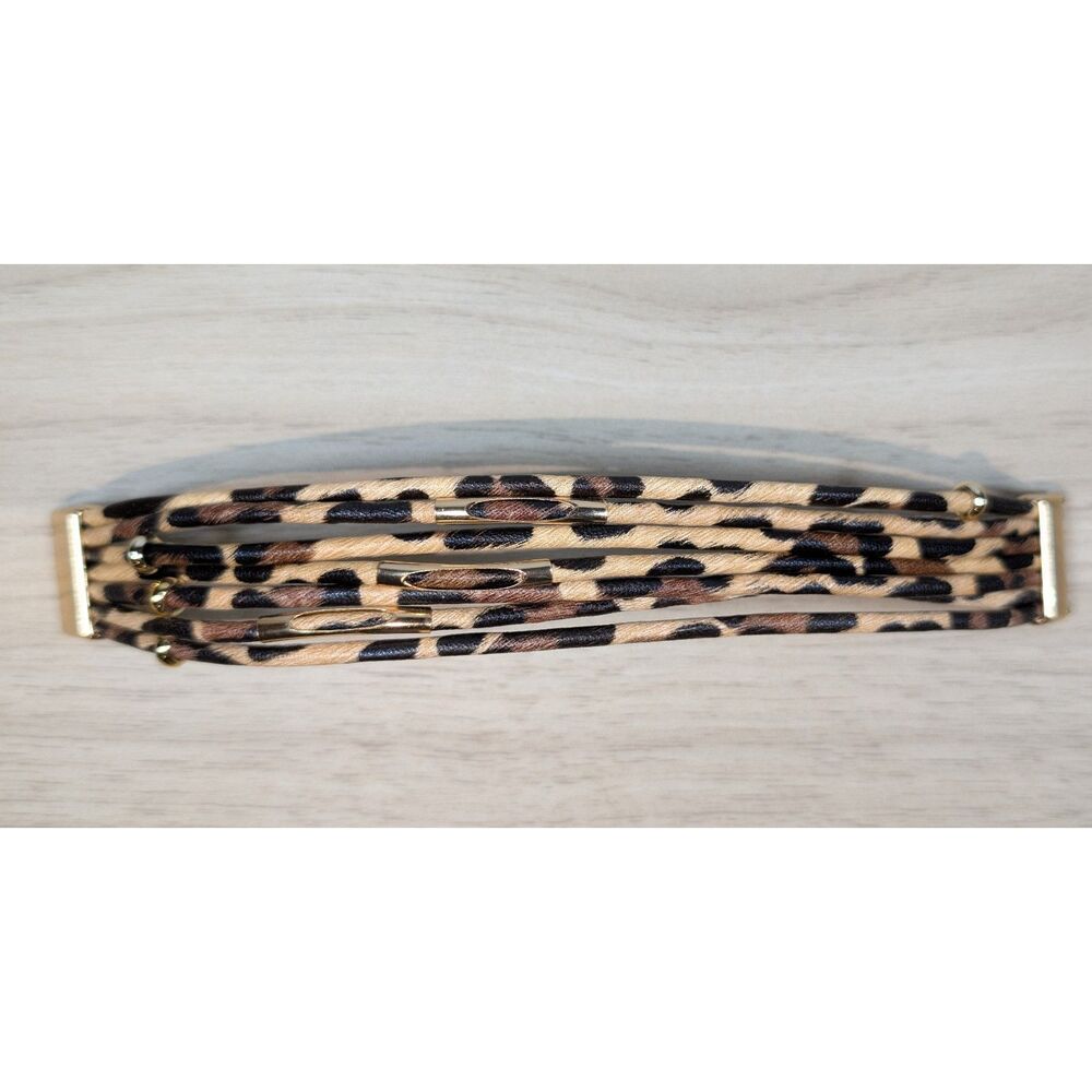 Leopard Print Wrap Bracelet Multi Strand Cord Magnetic Clasp Gold Tone